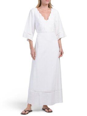 LEA Linen Blend Three-quarter Sleeve Embroidered Maxi Dress